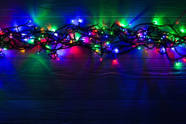 Weihnachten Hintergrund Mit Lichtern Und Freien Textplatz Weihnachtsbeleuchtung Leuchtende Bunte — Stockfoto
