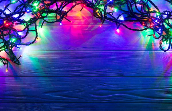 Weihnachten Hintergrund Mit Lichtern Und Freien Textplatz Weihnachtsbeleuchtung Leuchtende Bunte — Stockfoto