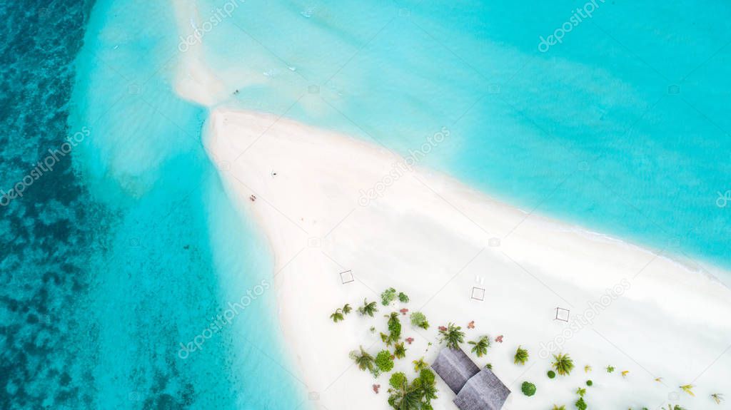 Beautiful aerial view of Maldives and tropical beach . Travel an