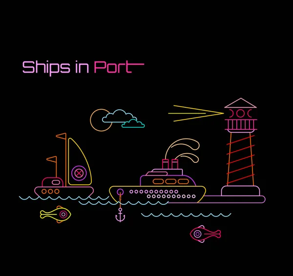 Schiffe in Port Vector Illustration — Stockvektor