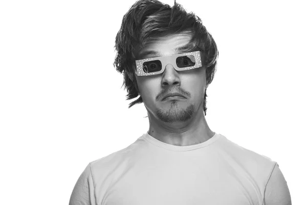 Young man in stereo glasses surprised — Stock Photo, Image