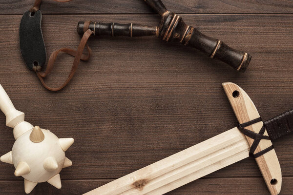 handmade wooden training toy sword, mace and slingshot