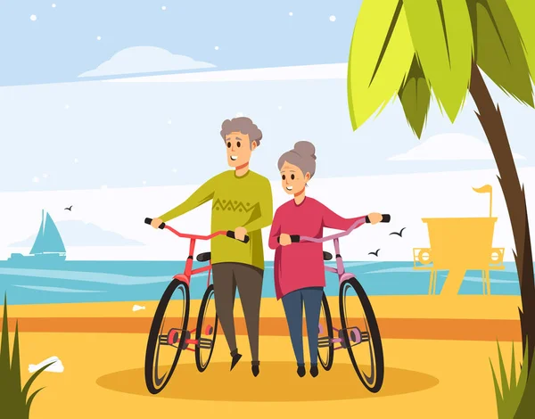 Векторная пожилая пара на пляже с велосипедами — стоковый вектор
