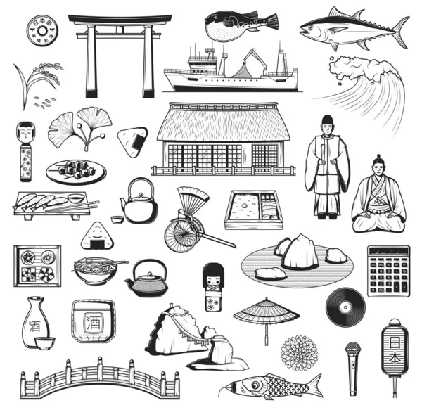 Японские суши, фонари, иконы саке и пагоды — стоковый вектор