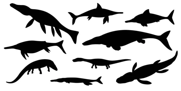 Sea dinosaur jurassic animal black silhouettes — Stockový vektor