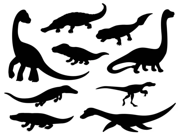 Dinosaur jurassic animal or dino black silhouettes — Stok Vektör