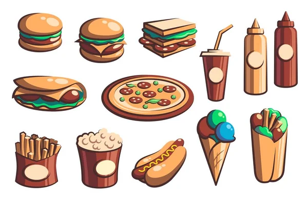 Fast food burger sandwich, drink and dessert icons — Stockvektor