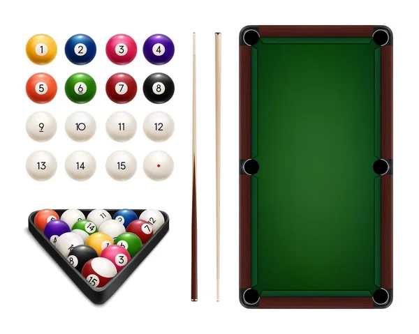 Billiard sport realistic balls, cues, table, rack — Stock vektor