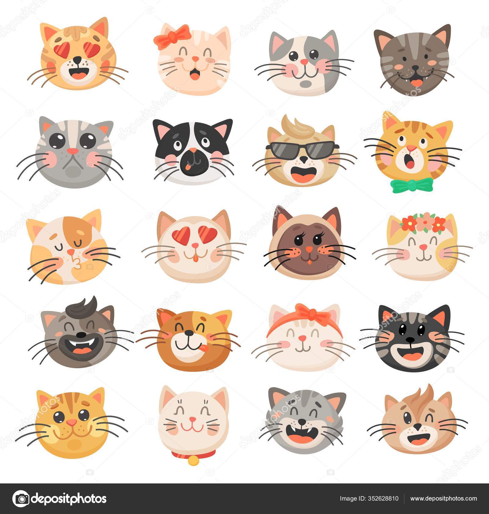 Um gato de desenho animado com diferentes expressões faciais
