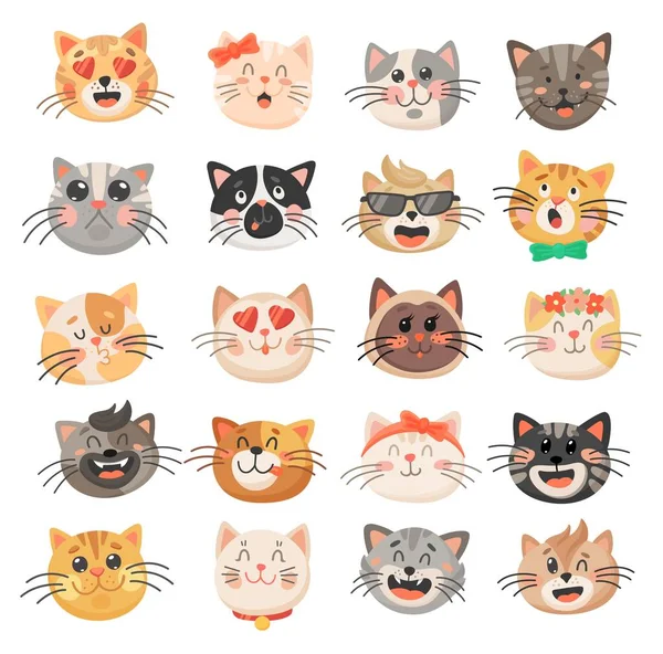 Cute cat faces, kitten or kitty animal emoticons — Stock Vector