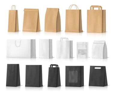 Alışveriş poşetleri, hediyeler ve yemek paketleri gerçekçi vektör tasarımı. Beyaz, kahverengi ve siyah çantalar veya kutular, kablo saplı ve şeffaf pencereli el işi kağıt veya kartondan yapılmış.