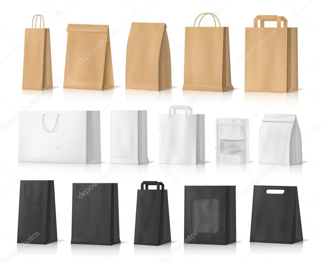Download Paper Bag Mockups Of Shopping Gifts And Food Packages Realistic Vector Design White Brown And Black Bags Or Boxes Made Of Craft Paper Or Cardboard With Cord Handles And Transparent Windows PSD Mockup Templates