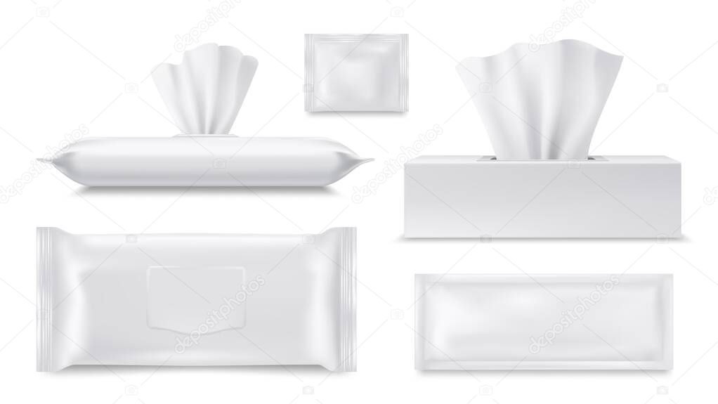 Wet wipes pouch and paper tissue or napkin box, vector realistic packages, blank 3D templates. Paper towel and antibacterial wet wipes disposable sachet, hygiene cosmetics and personal care objects