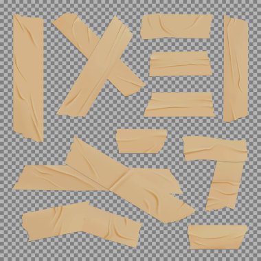 Şeffaf arka planda kahverengi ambalaj çizgilerinin vektör mozaiğiyle yapıştırıcı koli bandı gerçekçi tasarımı. Yırtık kenarlı haç ve köşe şeklinde buruşuk yapışkan bant parçaları