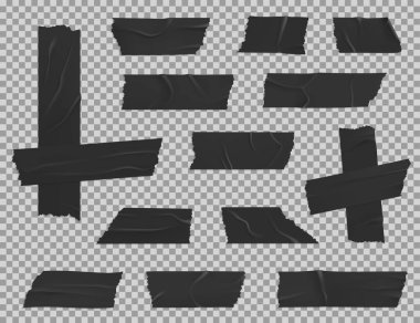 Yapışkan çizgilerin siyah yapışkan koli bandı gerçekçi vektör modeli, buruşuk ve yırtık bant parçaları ve şeffaf arkaplan köşesi. Paketleme, maskeleme veya yalıtım bantları tasarımı