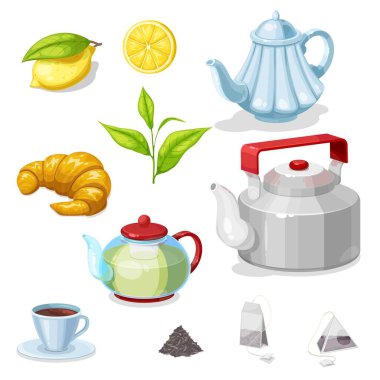 Yeşil yapraklı, fincanlı veya fincanlı çay vektörü, çaydanlık, siyah ve bitkisel çay, çaydanlık, kruvasan ve limon. Kahvaltı içeceği, tatlı ve mutfak aletleri tasarımı.