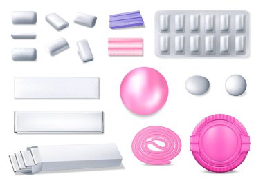 Gerçekçi sakız 3D vektör seti. Folyo paketlerinde izole edilmiş sakız, kabarcık ve plastik kutu. Pedler, toplar ve rulo beyaz, pembe ve mor renkler. Nane aromalı gevrek, diş bakımı çiğneme simgeleri