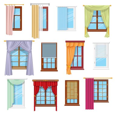 Pencere perdeleri, perdeler, paten panjurları ve güneşlikler, vektör ev içi ve pencere bakımı tasarımı. Düz panel, sekme üst ve askı perdeleri çubuklar ve çıbanlarla, dikey, ventikal, Roma panjurları