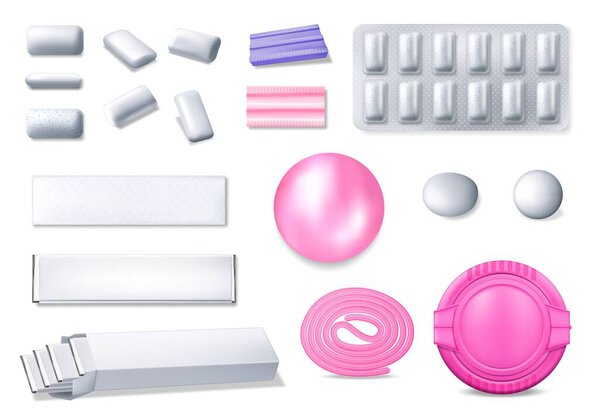 Жевательная резинка реалистичный 3d векторный набор. Изолированная жвачка из фольги, пузырь и пластиковая коробка. Прокладки, шарики и рулон белого, розового и фиолетового цветов. Мятный вкус жвачка, зубоврачебная помощь жевать иконы
