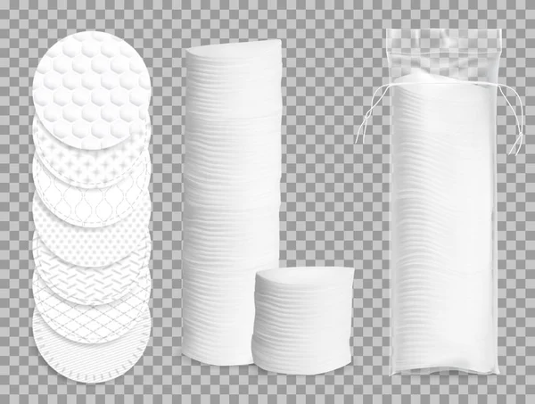 Realistische Baumwollpads Vektor Isolierte Attrappe Make Weichen Scheiben Kunststoffverpackung Gesichtshygiene — Stockvektor