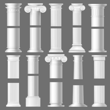 Antik Roma ve Yunan mimarisinin sütun gerçekçi modelleri. 3d vektör beyaz mermer taş Dorik ve İyonik sütunlar dikey flüt şaftlar, bazlar ve voltajlı süslü başkentler