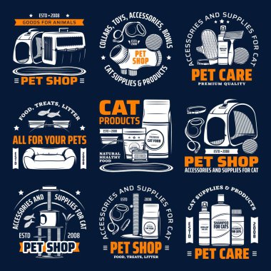 Kedi hayvan bakımı ikonları için hayvan dükkanı malzemeleri. Kedi maması, oyuncak ve yatak, aksesuar, fırça, taşıyıcı ve ev, tırmalama direği, beslenme kabı, çöp, koşum takımı ve tasma sembolleri.