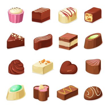 Çikolatalı şeker ve tatlı vektör tatlı tasarımı. Fındıklı pralin, karamel, kakao kreması, nougat ve kahve köpüğüyle dolu koyu, süt ve beyaz çikolata kaplı yer mantarı seti.