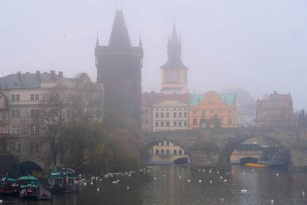 Niebla matutina en el río Moldava en Praga —  Fotos de Stock