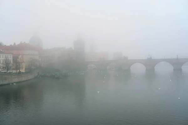 Niebla matutina en el río Moldava en Praga —  Fotos de Stock