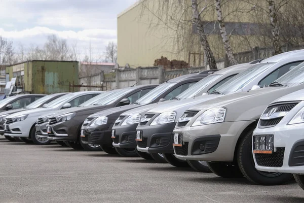 Nieuwe auto's op een parking in autodealer — Stockfoto