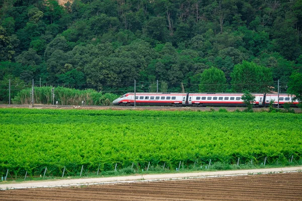Les trains traversent les champs près de Monselice — Photo