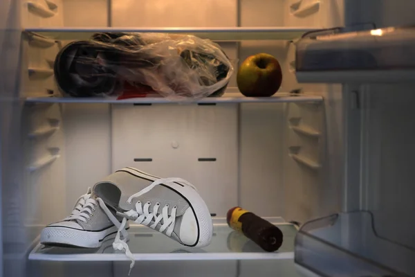 Bir buzdolabında bir spor ayakkabı ile komik resim — Stok fotoğraf