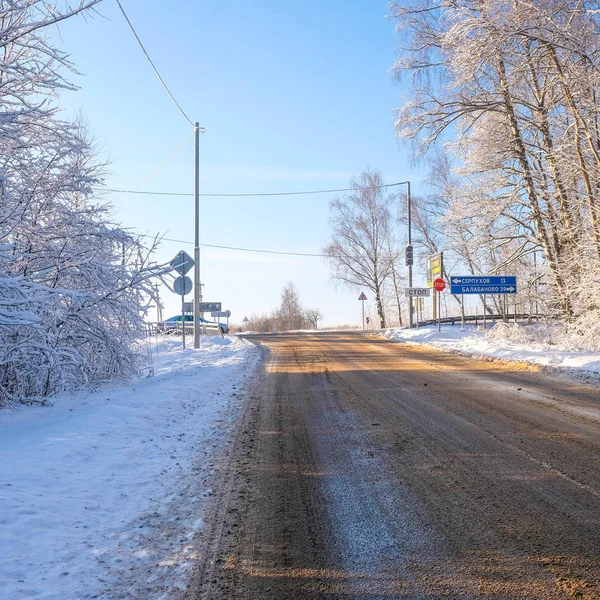 Regione Mosca Russia Febbraio 2018 Strada Campagna Invernale Nella Regione — Foto Stock