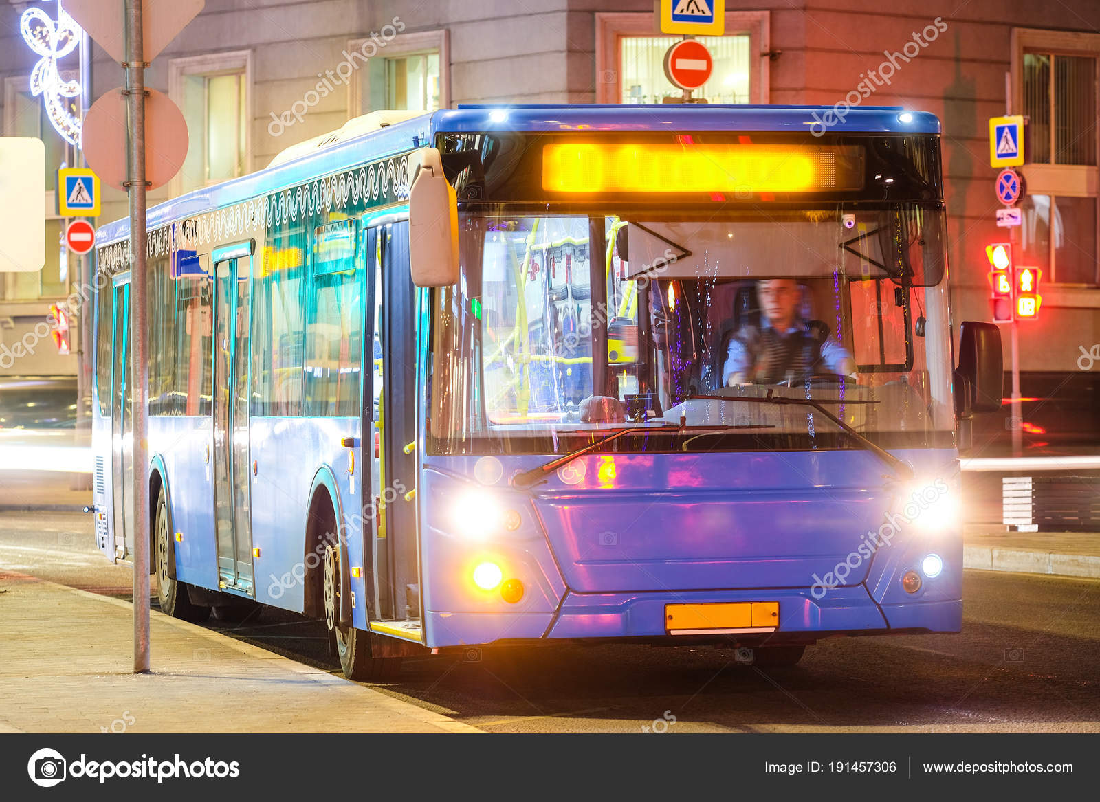 Moscow Russia March 2018 Landscape Image Night Moscow Bus Frontground ...