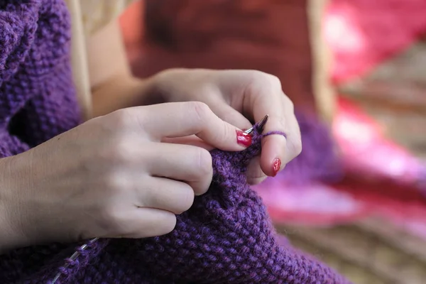 Woman Hands Knitting Needles Knitting — Stock Photo, Image