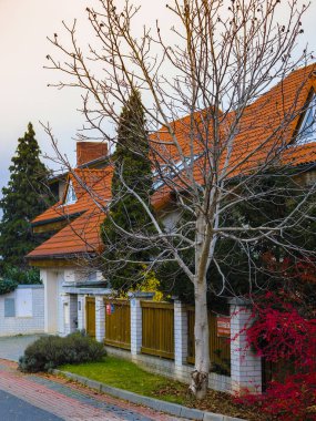 Prag, Çek Cumhuriyeti - 21 Kasım 2019: Prag 'ın bir banliyösündeki yazlık evler