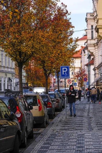 Prague République Tchèque Novembre 2019 Image Voitures Garées Près Trottoir — Photo