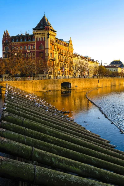 Image Remblai Rivière Vltava Prague Coucher Soleil — Photo