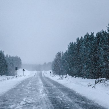 Kışın Karelia 'daki köy yolunun görüntüsüyle manzara