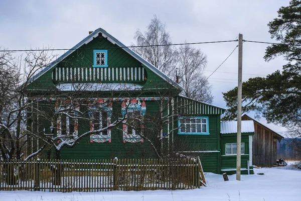 Pequena Casa Aldeia Carélia Inverno — Fotografia de Stock