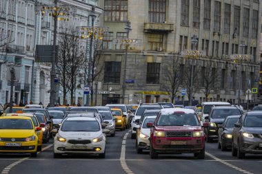Moskova, Rusya - 27 Ocak 2020: Moskova 'daki trafik görüntüsü