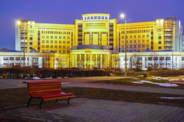 Moscow, Russia - January, 20, 2020: image of the illuminated entrance to the building of Moscow State University