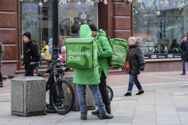 Moscow, Russia - January, 27, 2020: delivery club couriers on vacation