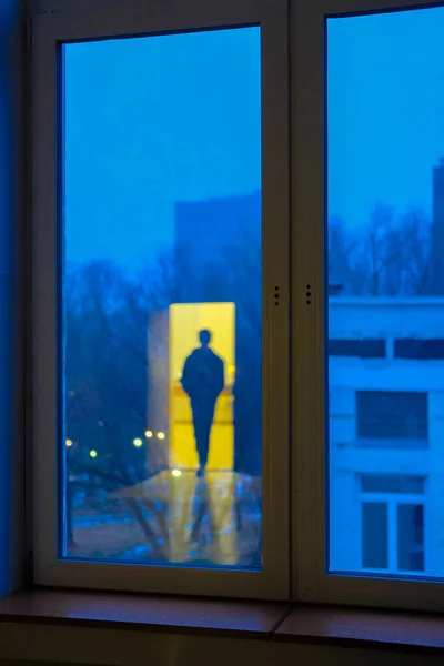 Image Window Illuminated Silhouette Man — Stock Photo, Image