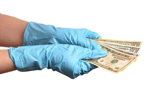 Hand Blå Skyddshandskar Med Pengar Isolerad Vit Bakgrund — Stockfoto
