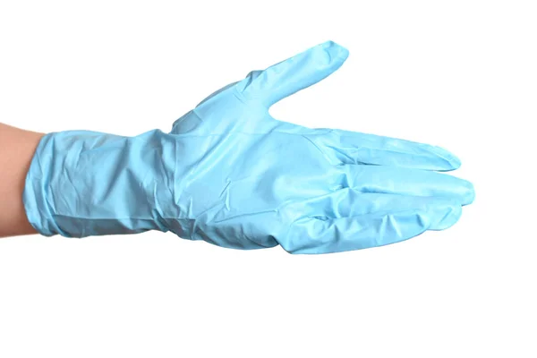 Mão Azul Luvas Proteção Sobre Branco — Fotografia de Stock