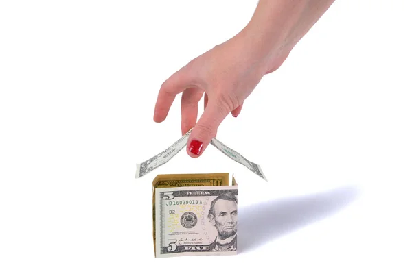 Kvinna Gör Ett Hus Dollarsedlar — Stockfoto