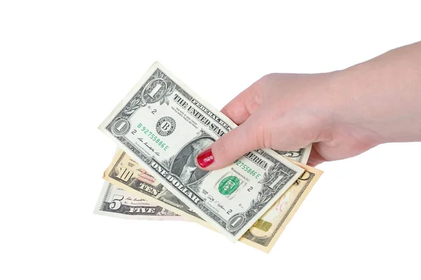 美元钞票在女性手里 在白色背景下被隔离 — 图库照片