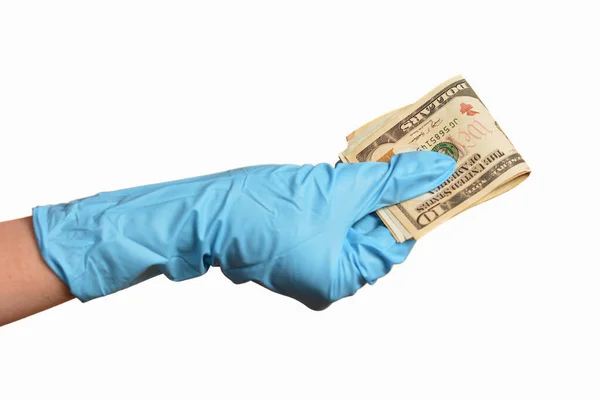 Mão Luvas Proteção Azul Com Dinheiro Isolado Fundo Branco — Fotografia de Stock