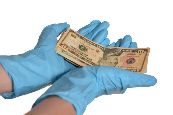 Hand Blå Skyddshandskar Med Pengar Isolerad Vit Bakgrund — Stockfoto